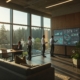 A modern office setting with professionals interacting with a large display showing data visualizations, symbolizing the integration of autonomous agents and LLMs in business.