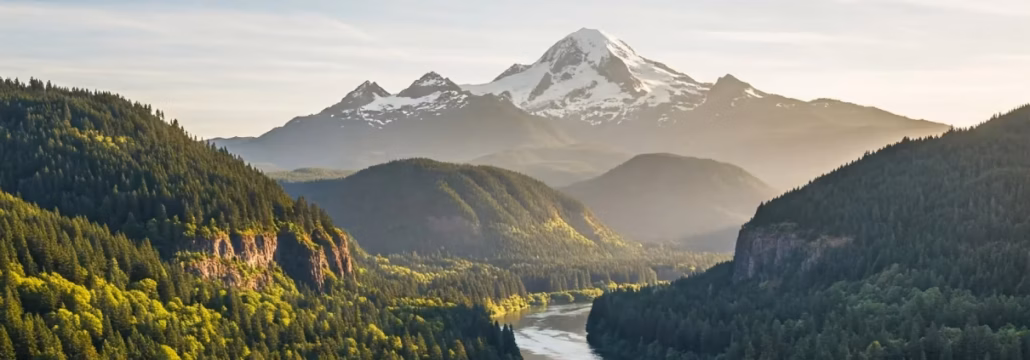 Panoramic view of snow-capped mountains and evergreen forests in the Pacific Northwest, with text "Home of m2square Consulting.