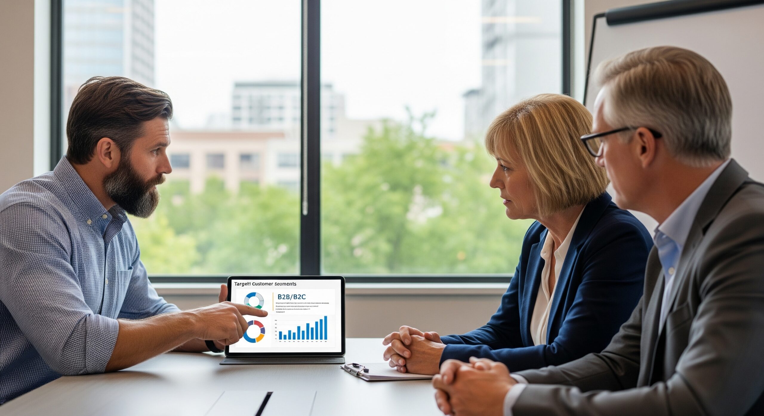 A male business consultant in his mid-40s with a full beard, attentively discusses precision marketing strategies on a tablet with two experienced business professionals in a modern Portland office overlooking the city.
