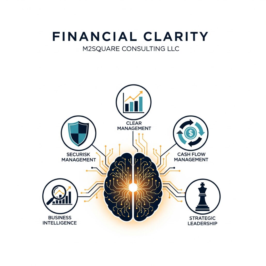 A graphic illustration of a central human brain connected to five financial icons: strategic leadership, risk management, business intelligence, cash flow, and growth. The text reads "Financial Clarity, m2square Consulting LLC".
