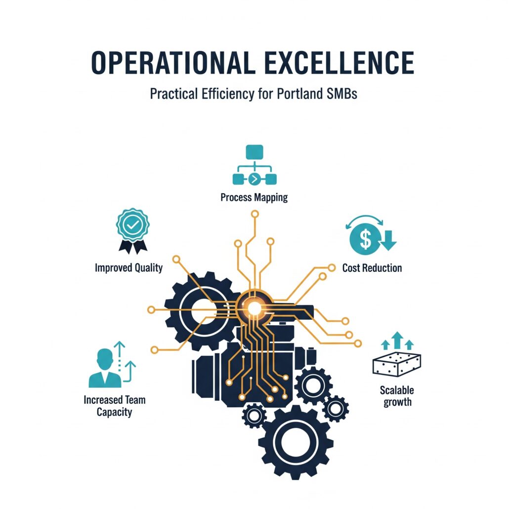 A graphic illustration of central interlocking gears connected to five icons representing operational excellence: process mapping, improved quality, cost reduction, increased team capacity, and scalable growth.