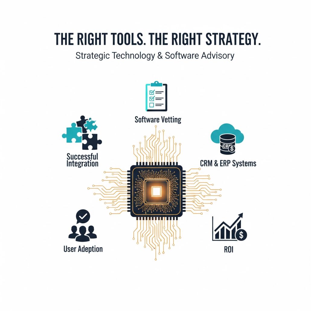A graphic illustration of a central computer chip connected to five icons representing technology advisory services: software vetting, successful integration, CRM/ERP systems, user adoption, and ROI.