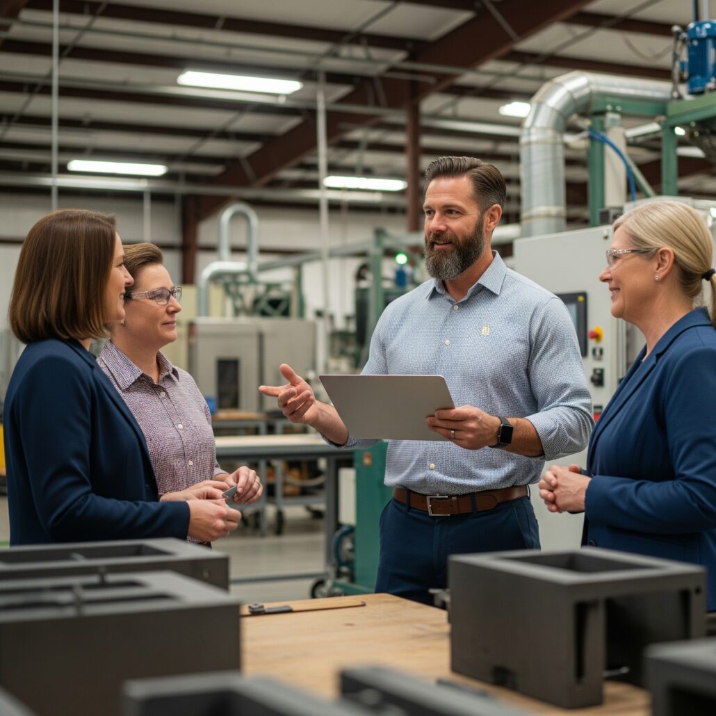 A male m2square business consultant interacts with business owners in a manufacturing setting, suggesting hidden growth potential.