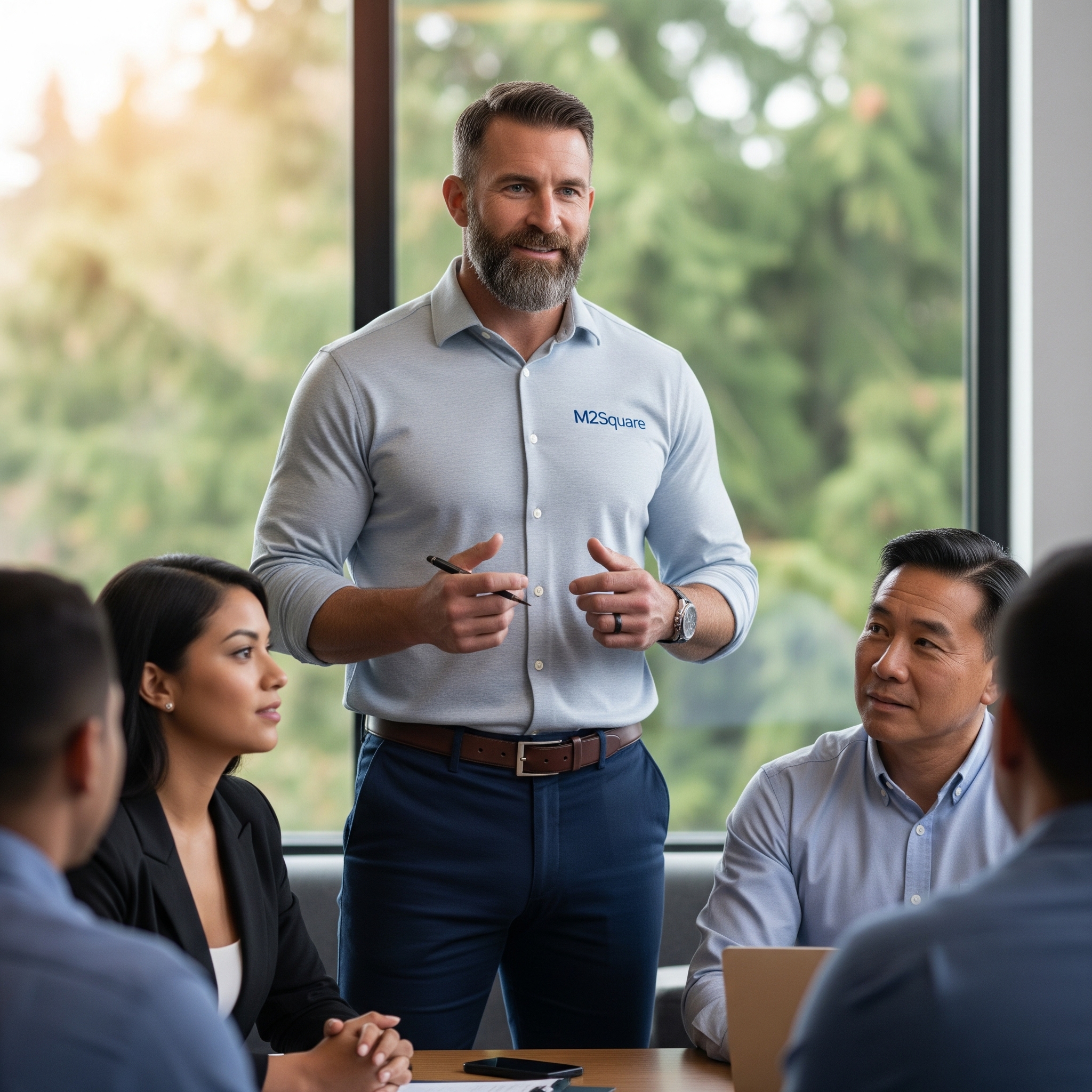 A male business consultant from m2square consulting in a strategic meeting with diverse business owners in a modern Portland office, discussing AI strategy.