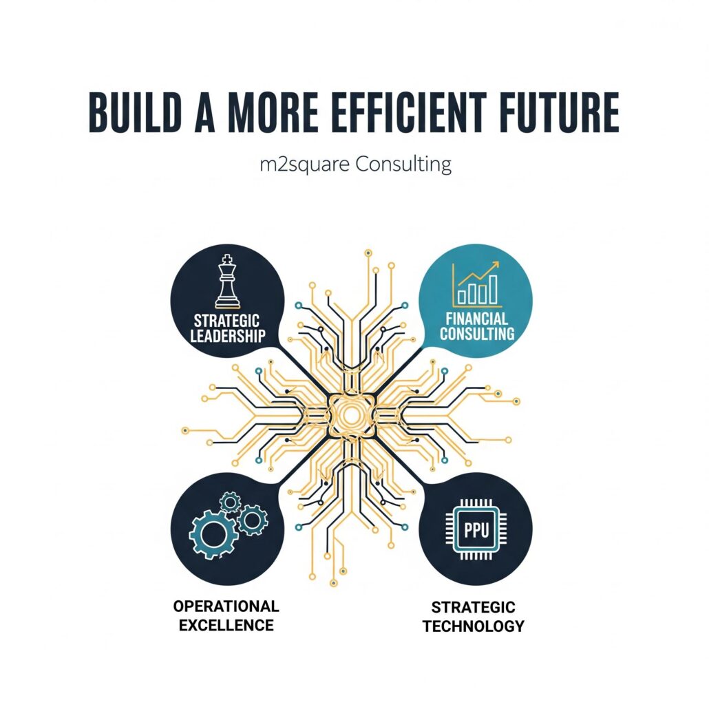 A graphic illustration of a central hub connected to four icons representing the core services of m2square Consulting: strategic leadership, financial consulting, operational excellence, and strategic technology.