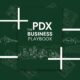 Podcast cover for 'The PDX Business Playbook' by m2square consulting. A minimalist design in forest green and white shows a stylized blueprint of the Portland, Oregon skyline and its bridges.